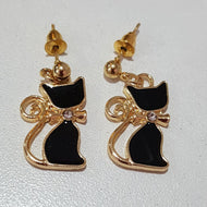 Gold Trim Black Cat Hanging Stud Earrings