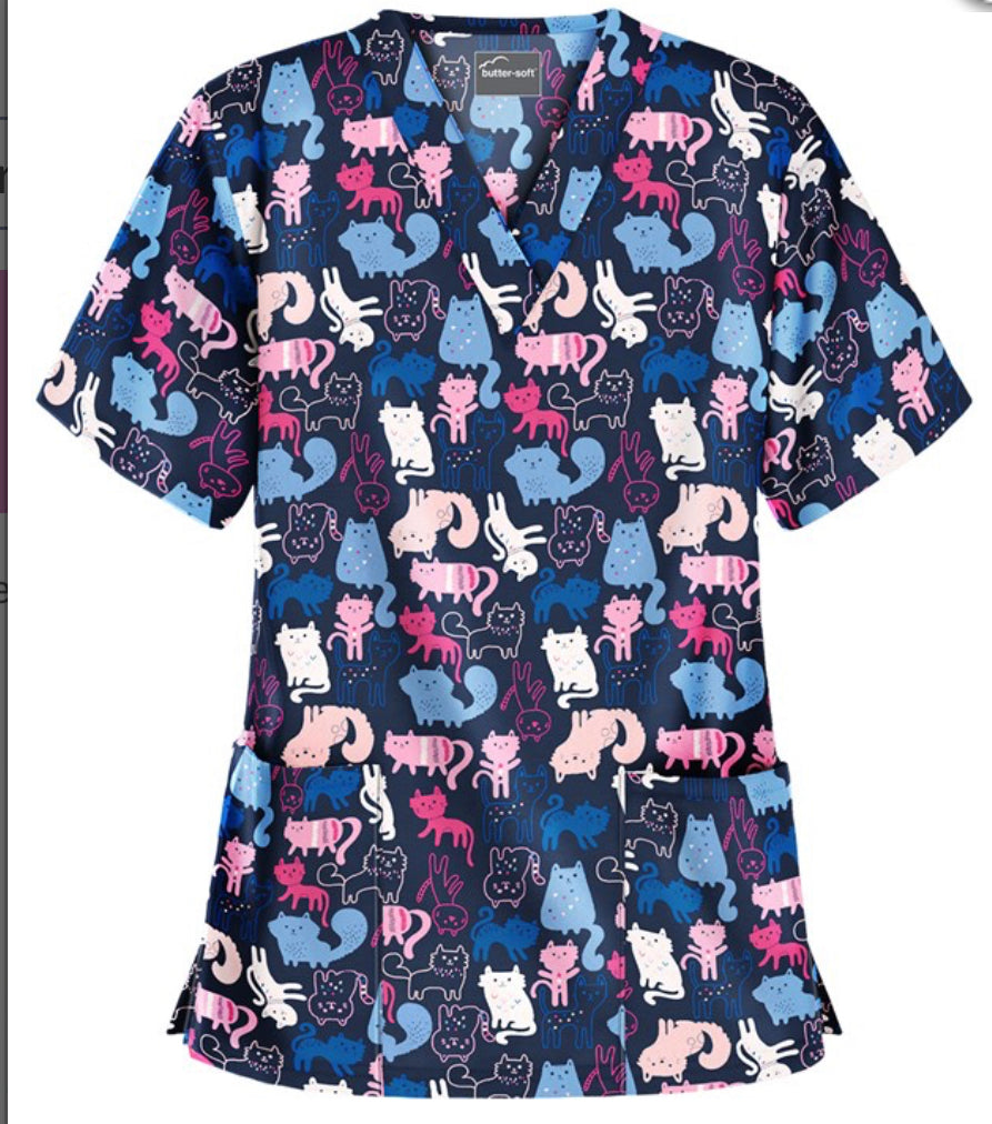 Butter Soft scrub top-Whimsical Kittens (Blue and pink)